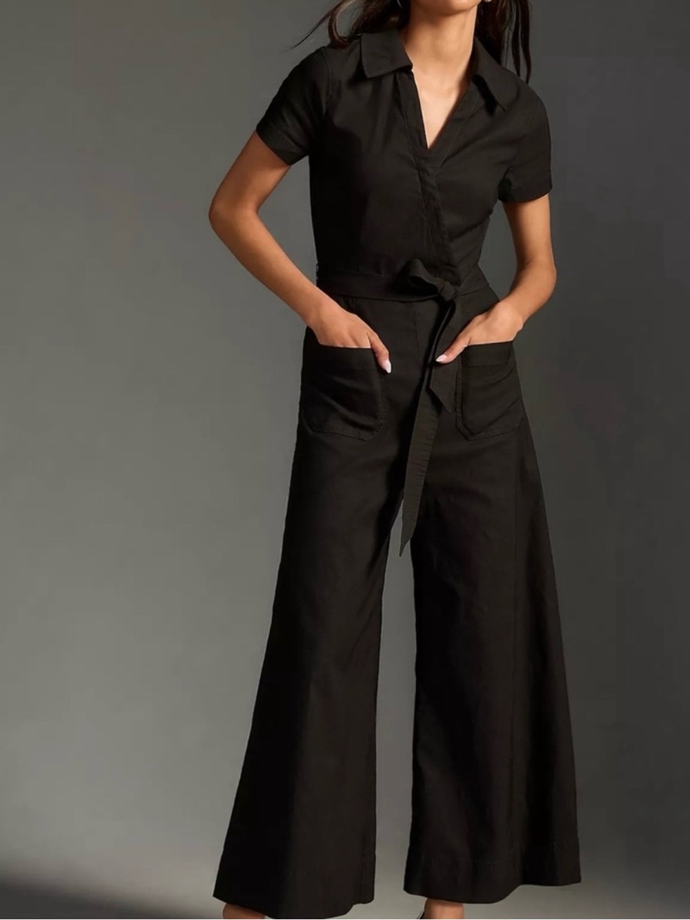 Maeve Colette Linen-Blend Wrap Jumpsuit in Black